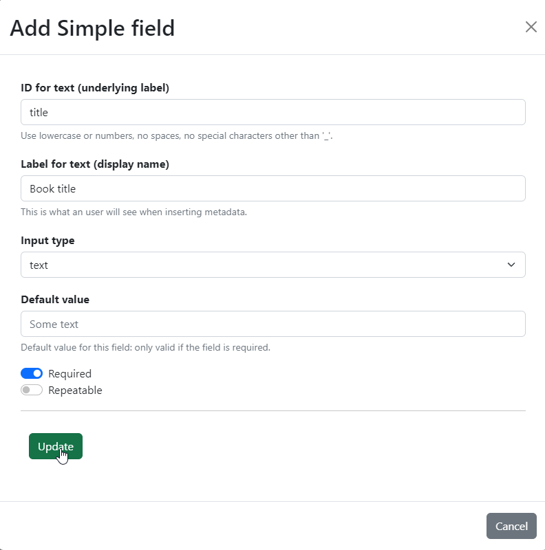 Filled form to create a new simple field.