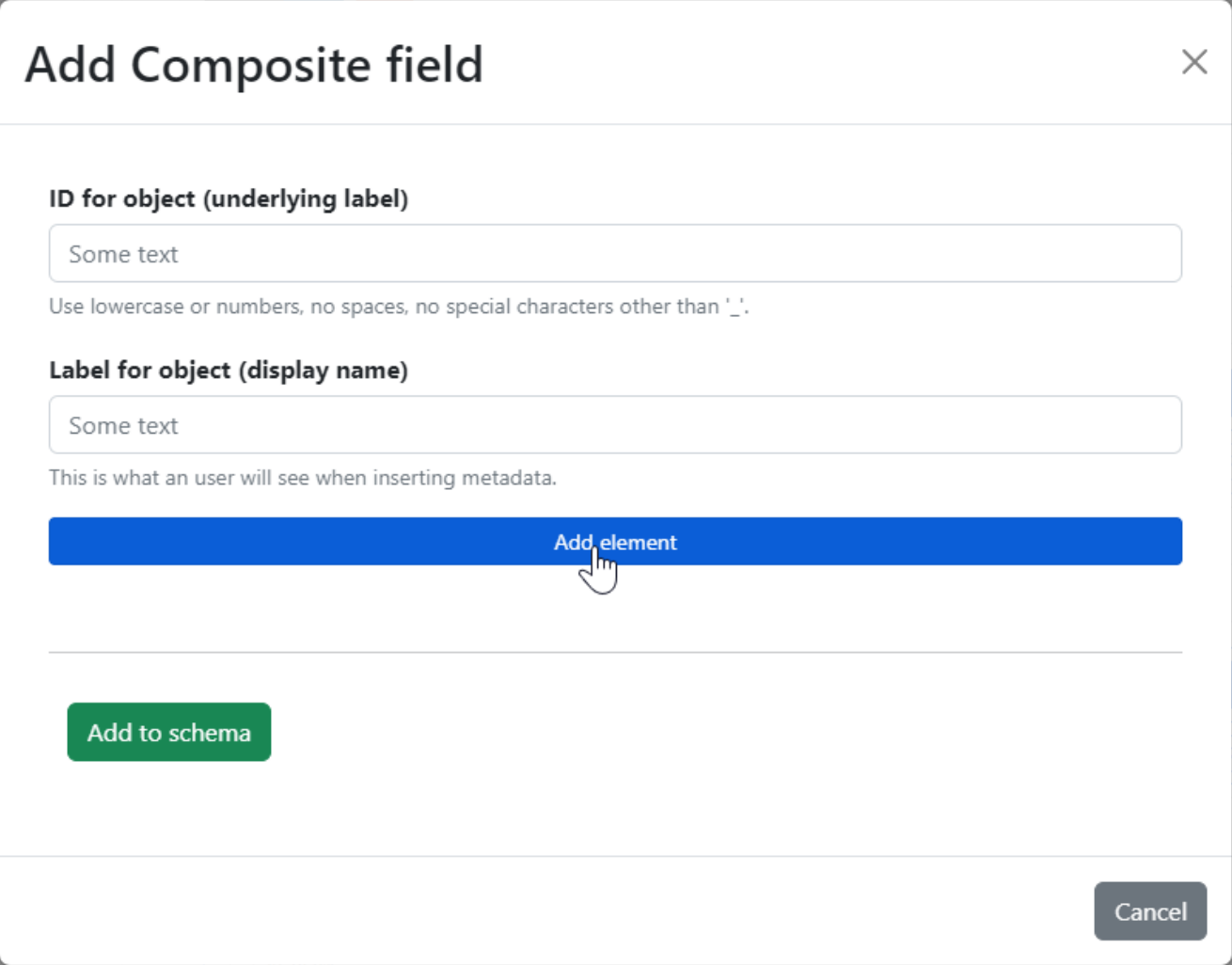 Form to create a composite field, which looks like an empty schema.