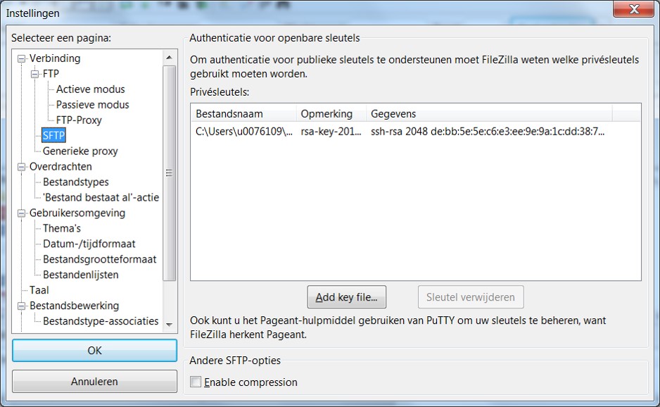 FileZilla site manager with settings