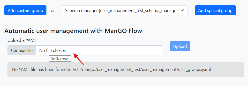 View of the option to uplaod the YAML file in the ManGO portal.